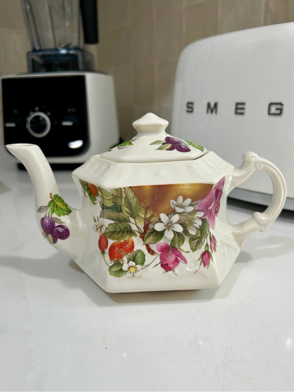 Vintage Cream Ceramic Teapot with Multicolor Fruit & Floral Motif